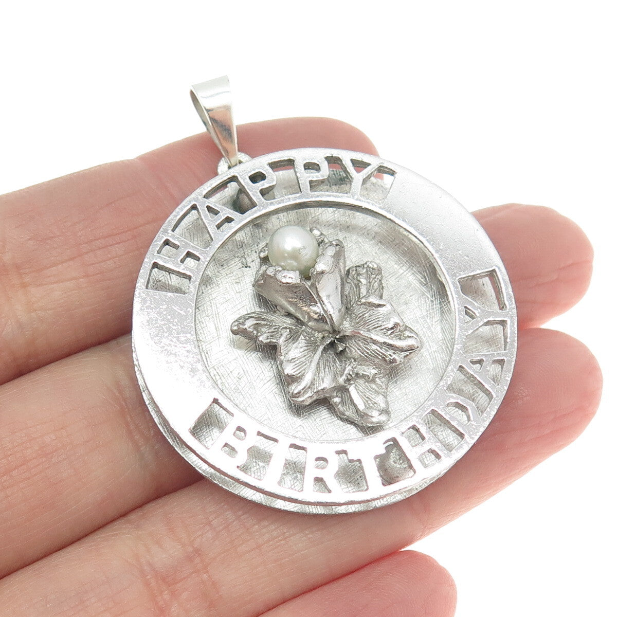 925 Sterling Silver Vintage Real Pearl "Happy Birthday" Floral Pendant