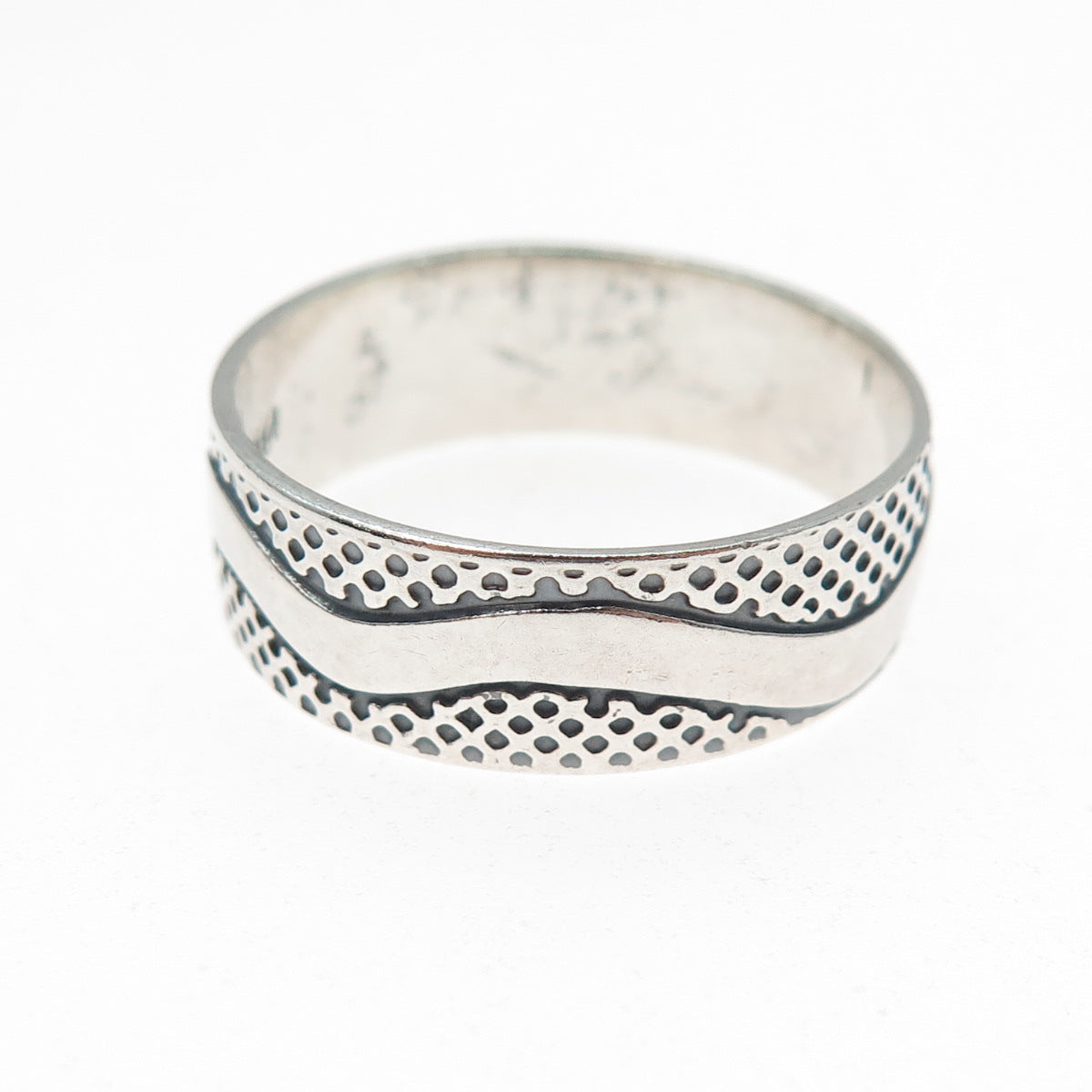 925 Sterling Silver Vintage Modernist Wave Oxidized Band Ring Size 13.25