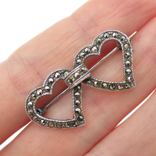 925 Sterling Silver Vintage Real Marcasite Heart Couple Oxidized Pin Brooch