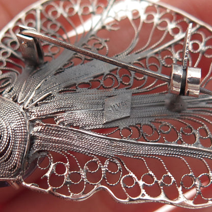 925 Sterling Silver Vintage Real Amethyst Floral Filigree Oxidized Pin Brooch