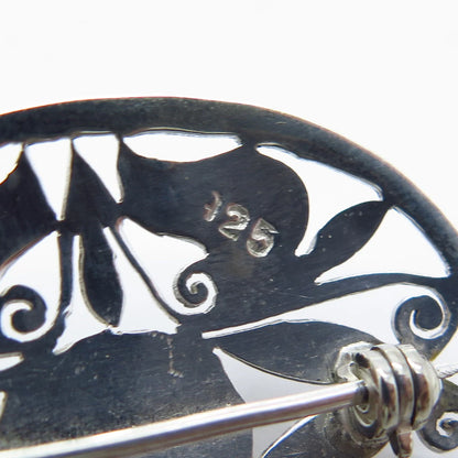 925 Sterling Silver Vintage Real Black Onyx Gemstone Ornate Leaf Pin Brooch