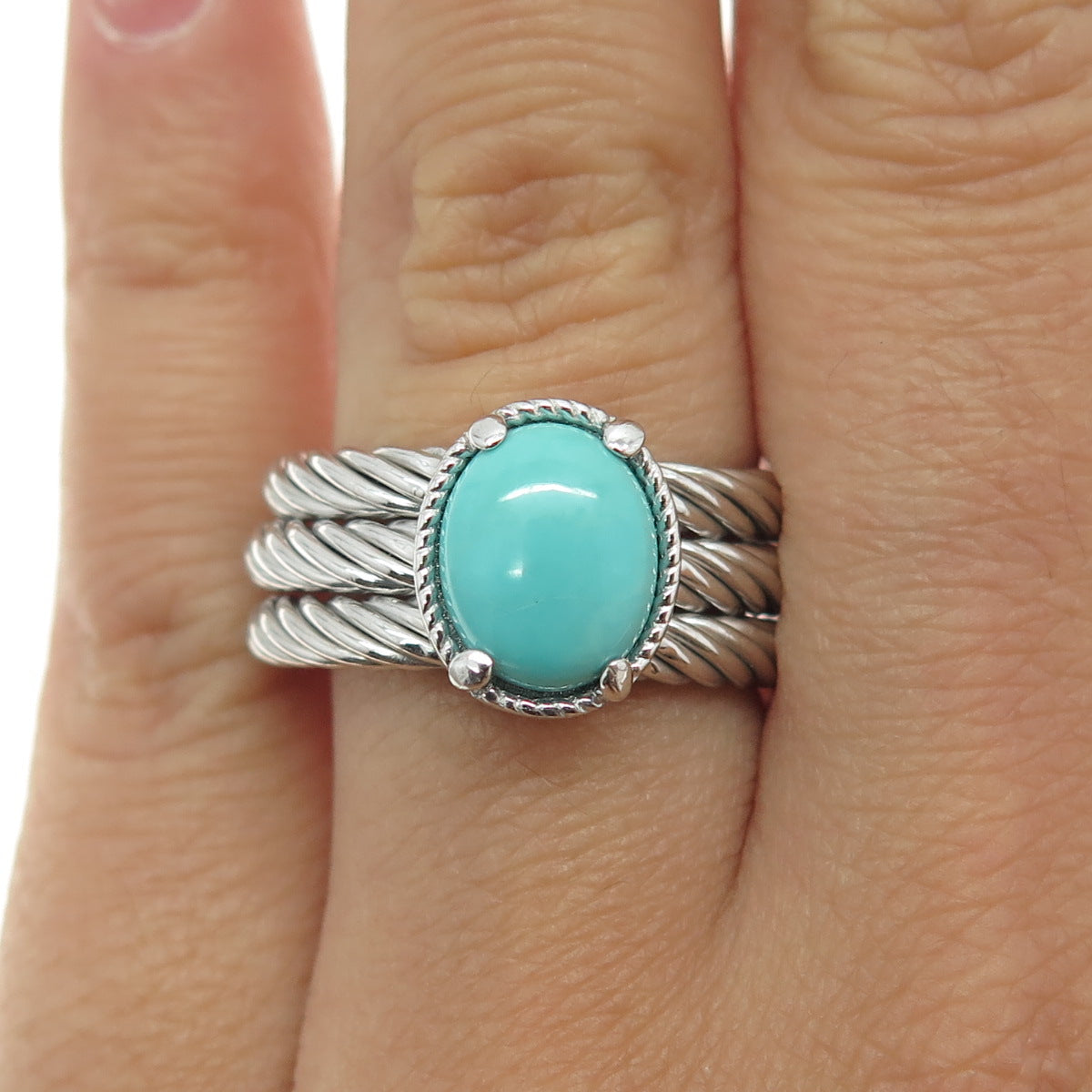 925 Sterling Silver Real Sleeping Beauty Turquoise Multi-Roped Ring Size 6.25