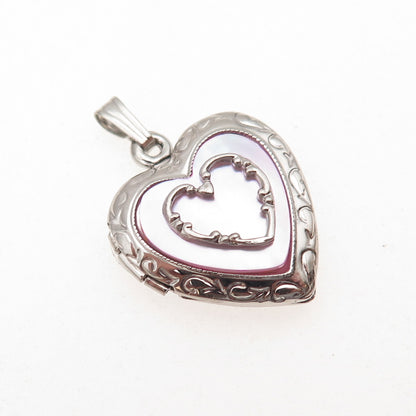 Tru-Kay 925 Sterling Silver Vintage Real MOP Heart Locket Charm Pendant