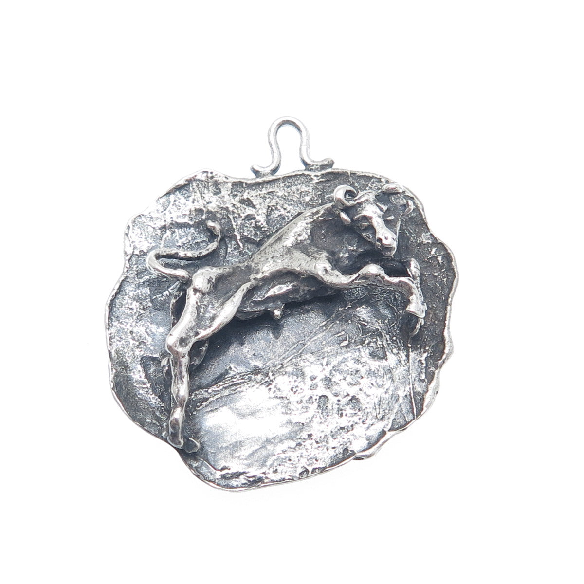 925 Sterling Silver Vintage Taurus Zodiac Modernist Brutalist Oxidized Pendant