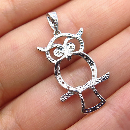925 Sterling Silver Real White Diamond Wise Owl Charm Pendant