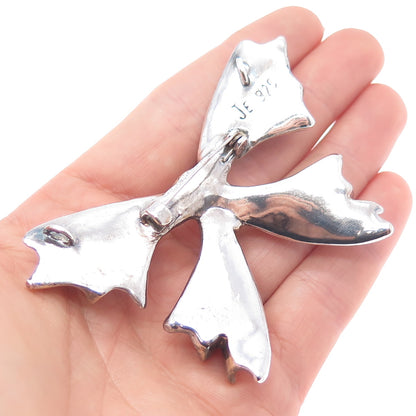 925 Sterling Silver 2-Tone Vintage JE Artisan Ribbon Bow Brooch / Slide Pendant