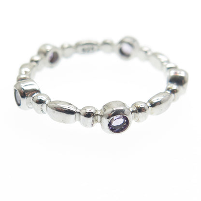 925 Sterling Silver Real Round-Cut Amethyst Gem Beaded Band Ring Size 7