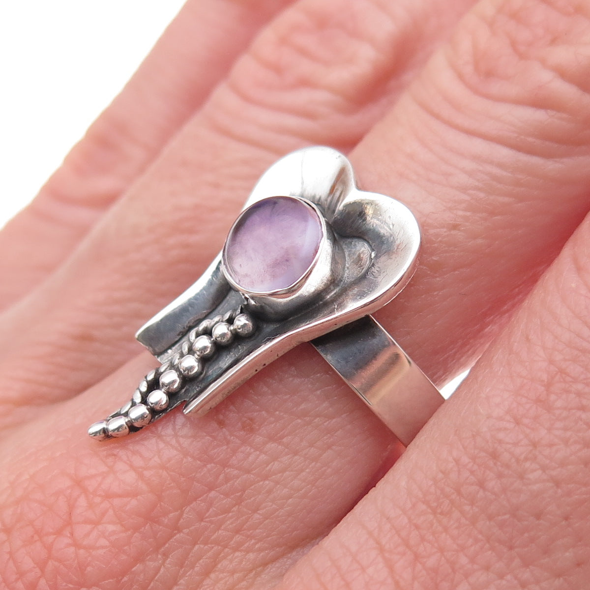 925 Sterling Silver Vintage Real Amethyst Modernist Oxidized Ring Size 8.5