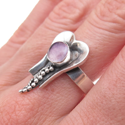 925 Sterling Silver Vintage Real Amethyst Modernist Oxidized Ring Size 8.5