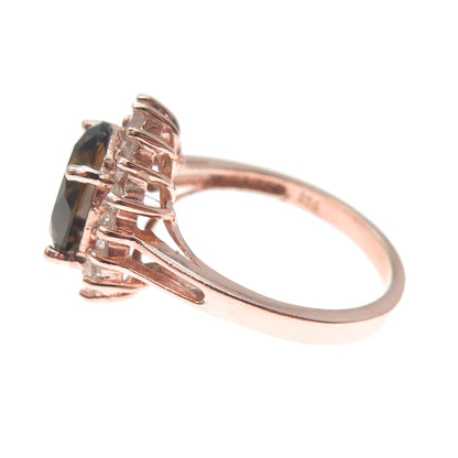 925 Sterling Silver Rose Gold Plated Real Smoky Quartz & C Z Ring Size 7.5