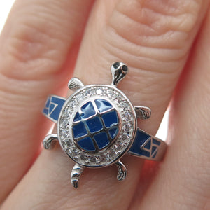 PRIZM 925 Sterling Silver Round-Cut Shaped C Z & Enamel Turtle Ring Size 6.5
