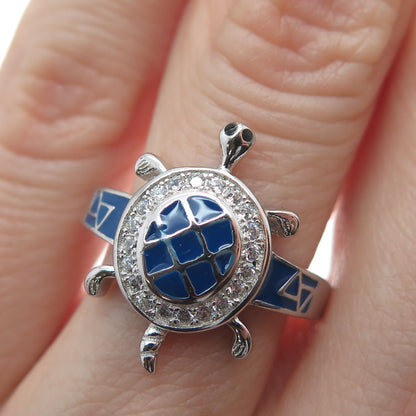 PRIZM 925 Sterling Silver Round-Cut Shaped C Z & Enamel Turtle Ring Size 6.5