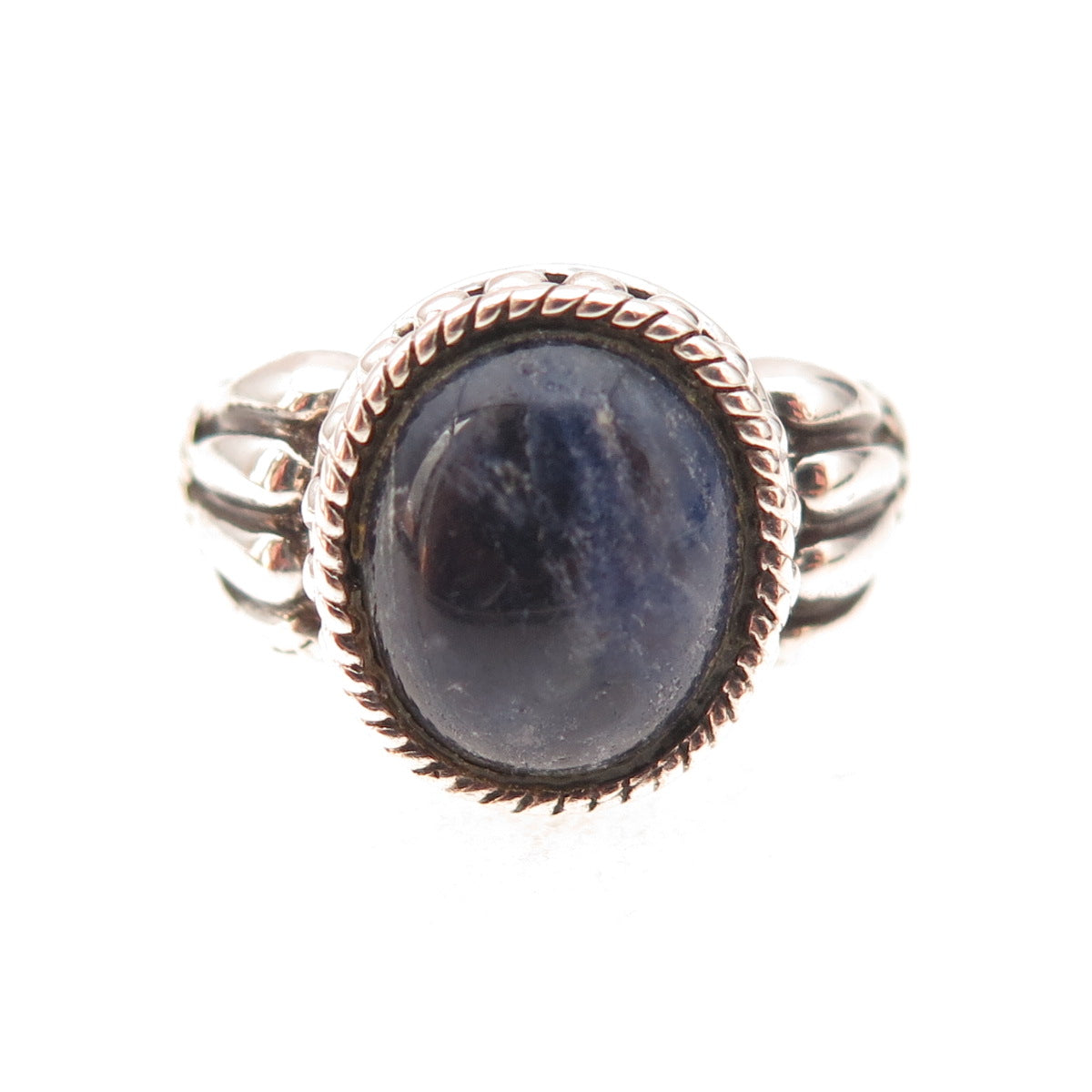 925 Sterling Silver Vintage Real Sodalite Beaded Oxidized Ring Size 7