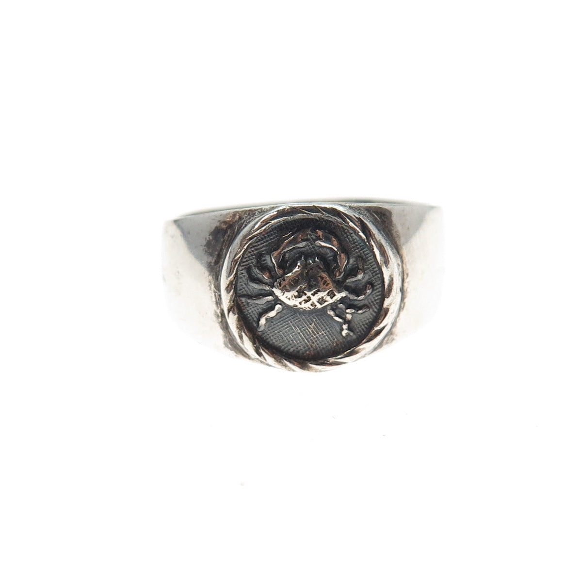 925 Sterling Silver Vintage Cancer Zodiac Sign Oxidized Signet Ring Size 4