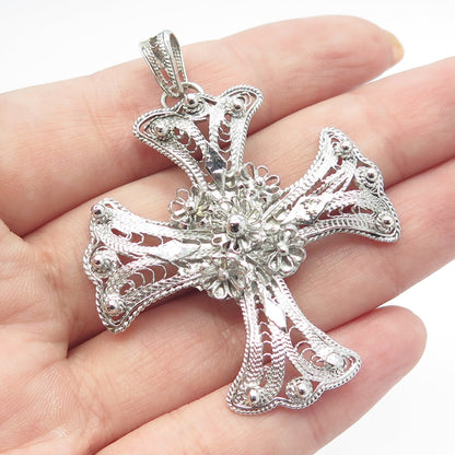 950 Silver Vintage Filigree Large Cross Pendant