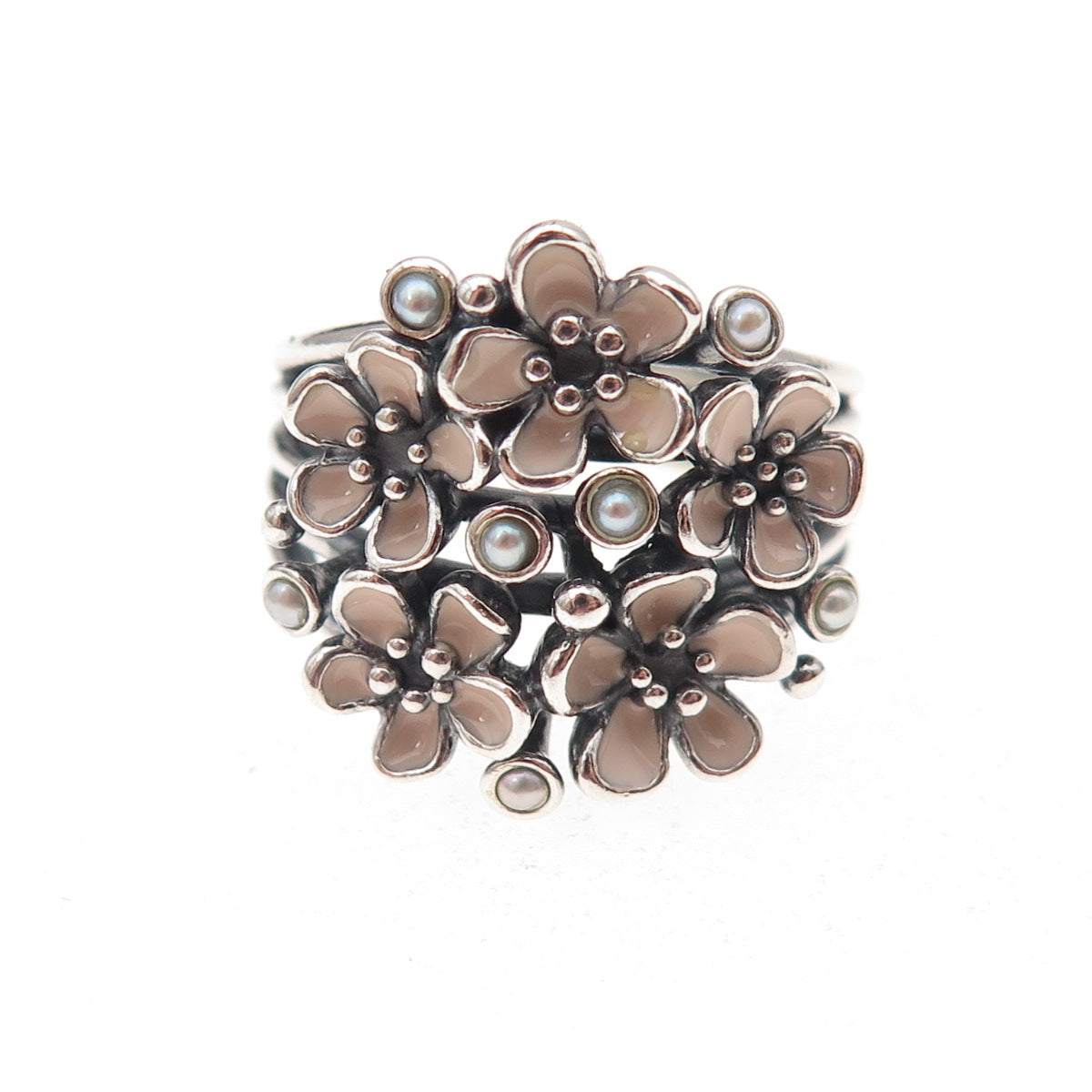 Pandora 925 Sterling Silver Enamel Real Pearl Cherry Blossom Bouquet Ring Size 6