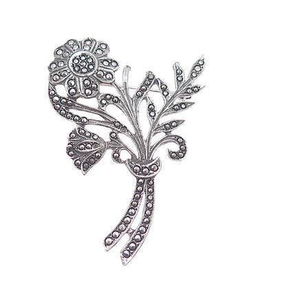 925 Sterling Silver Antique Real Marcasite Flower Pin Brooch (missing 2 stones)