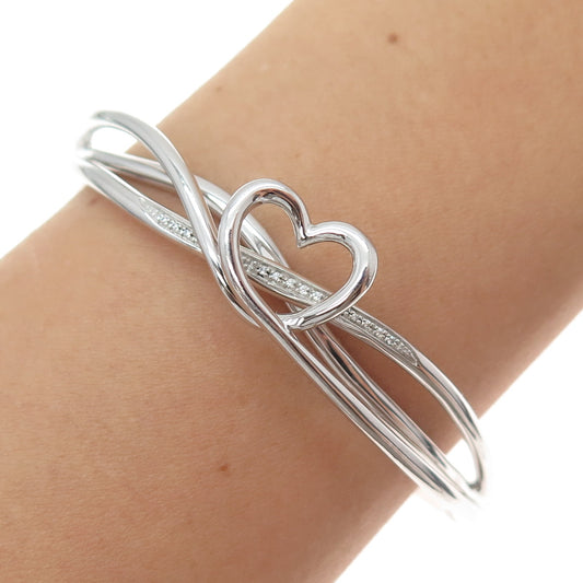 SAI 925 Sterling Silver Round-Cut C Z Heart Crisscross Bangle Bracelet 7"