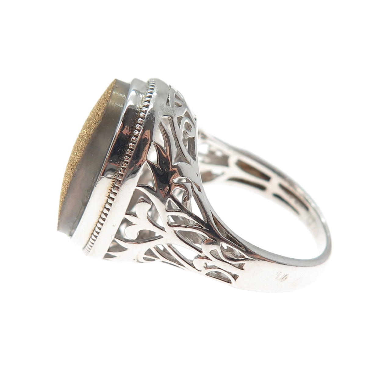 925 Sterling Silver Real Oval-Cut Gold Druzy Ornate Ring Size 5.25