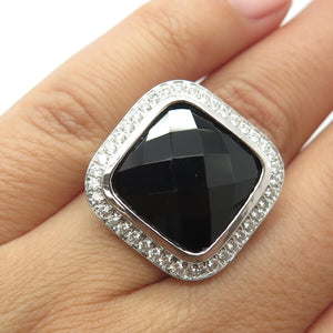 925 Sterling Silver Real Black Onyx & C Z Statement Ring Size 5.5
