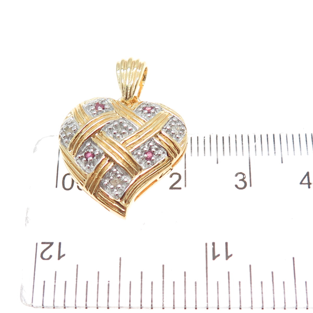 DBJ DEE BERKLE 925 Sterling Silver Gold Plated Real Diamond & Ruby Heart Pendant