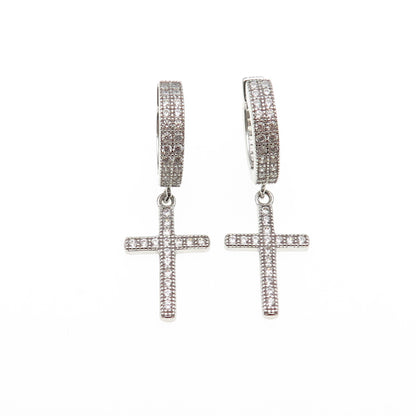 925 Sterling Silver Round-Cut C Z Dangle Cross Hoop Earrings