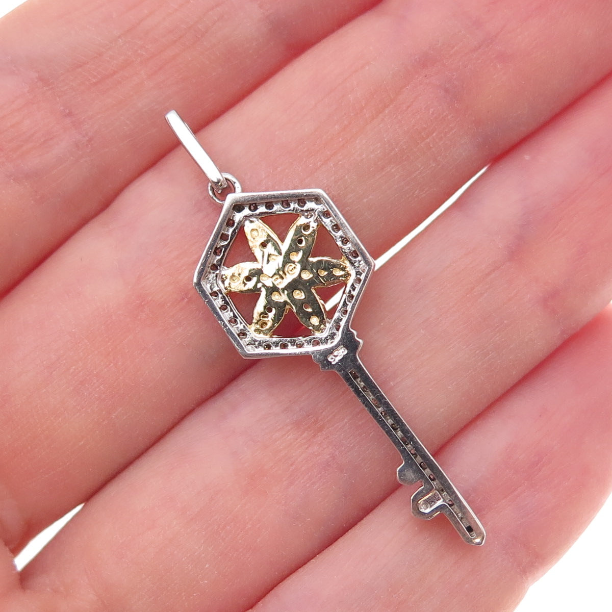 925 Sterling Silver 2-Tone Real Round-Cut Diamond Floral Key Charm Pendant