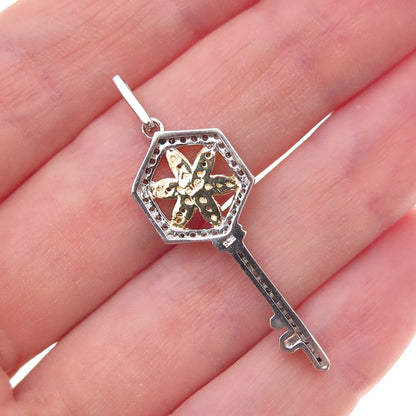 925 Sterling Silver 2-Tone Real Round-Cut Diamond Floral Key Charm Pendant