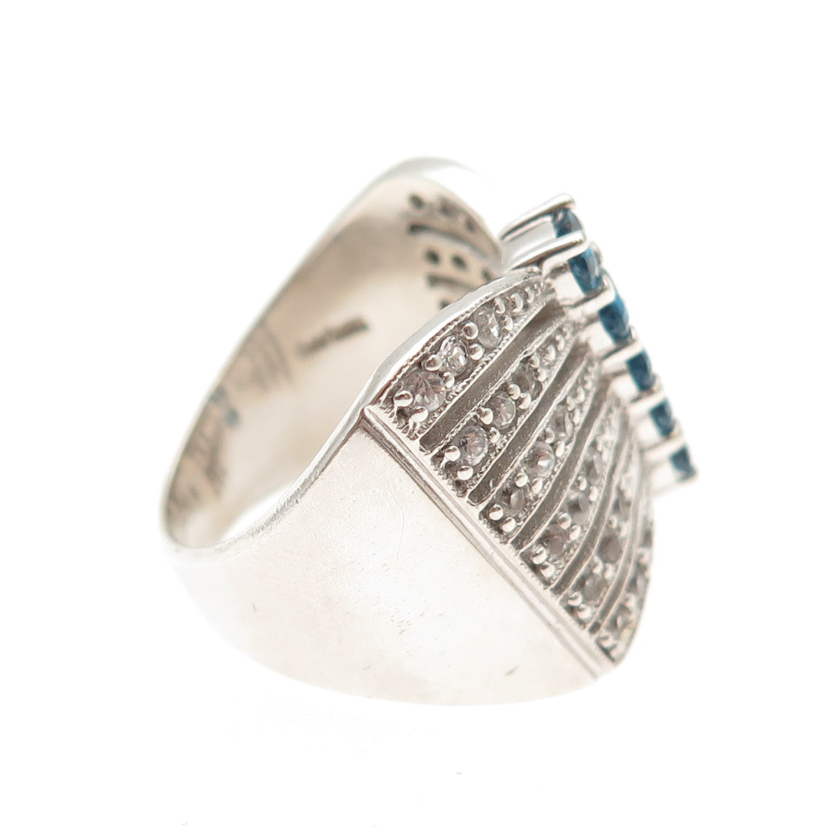 925 Sterling Silver Vintage Real Swiss Blue & White Topaz Ring Size 7.5