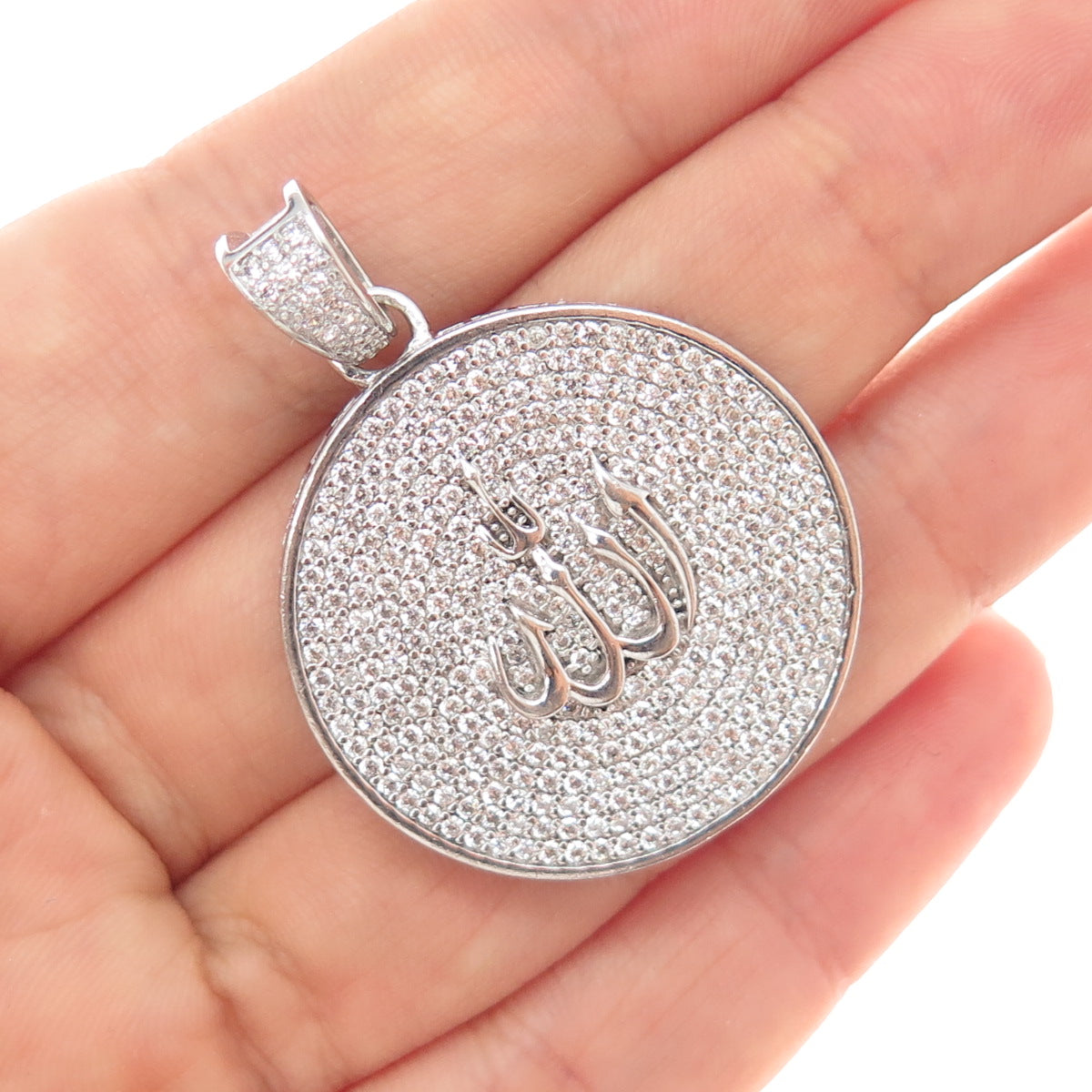 925 Sterling Silver Round-Cut C Z Allah Muslim Religious Charm Pendant