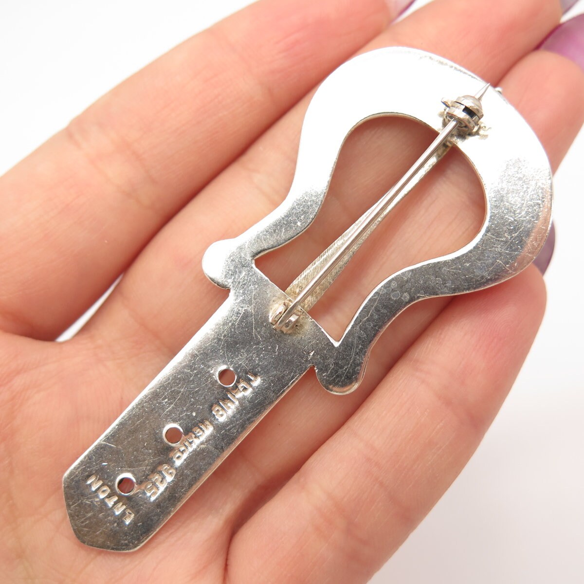 925 Sterling Silver 2-Tone Vintage Mexico Laton Belt Buckle Pin Brooch