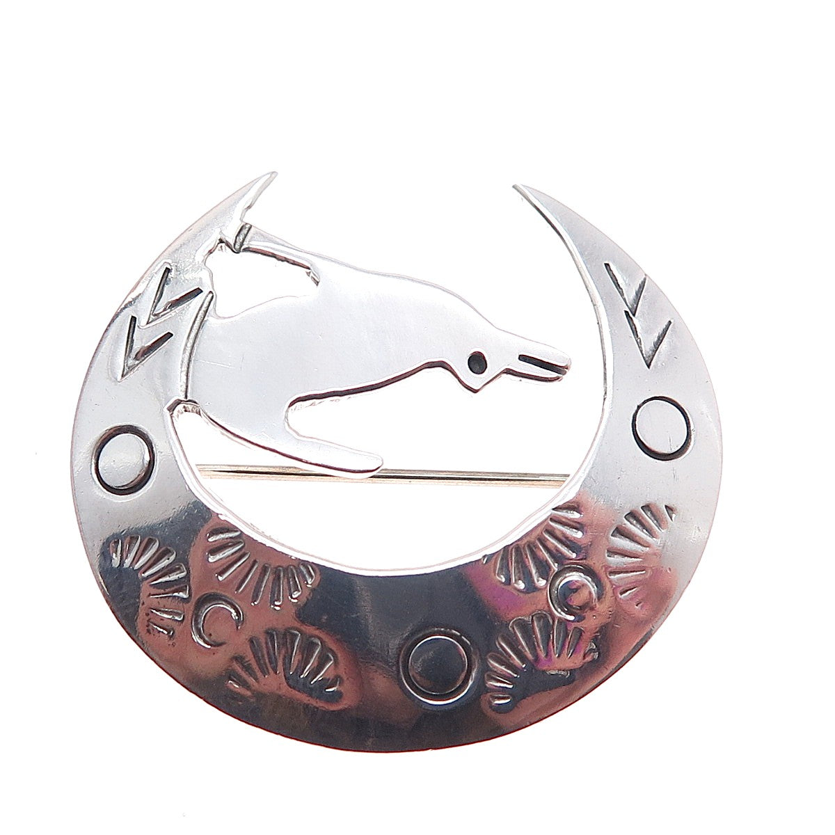 925 Sterling Silver Vintage Mexico Howling Wolf Crescent Moon Pin Brooch