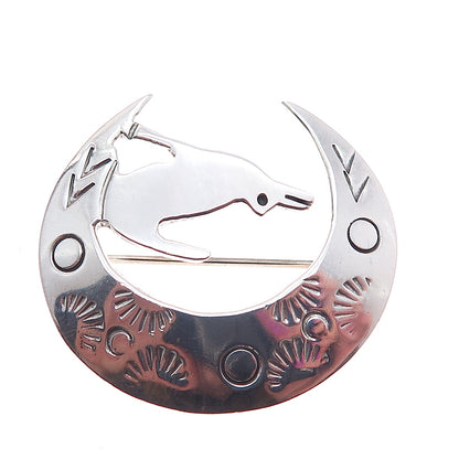 925 Sterling Silver Vintage Mexico Howling Wolf Crescent Moon Pin Brooch