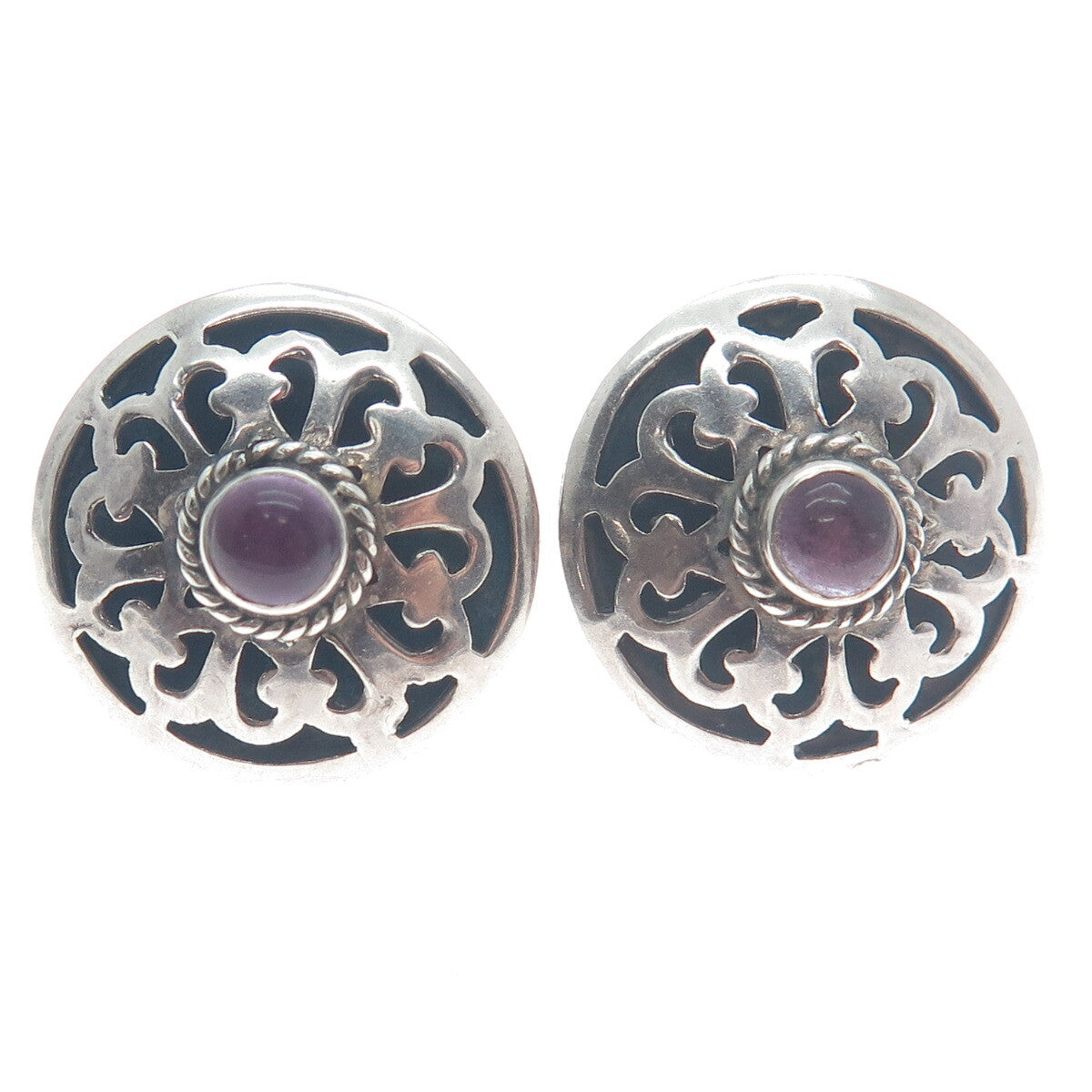 925 Sterling Silver Vintage Real Amethyst Gemstone Floral Ornate Earrings