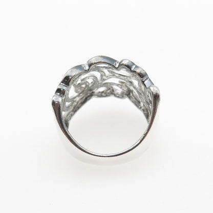 925 Sterling Silver Vintage Modernist Rose Flower Ring Size 7.25