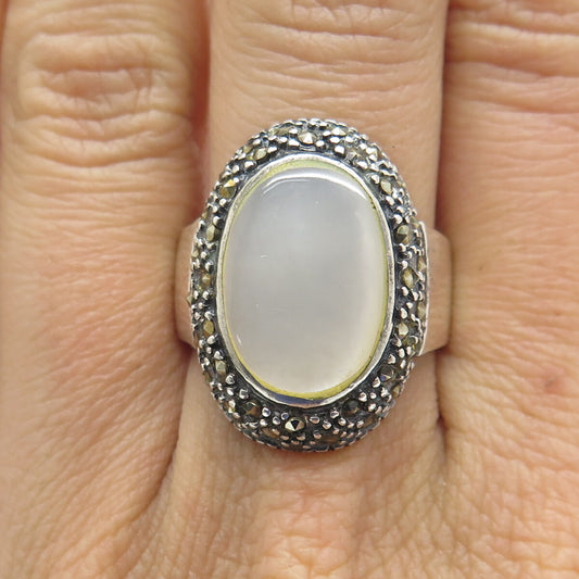 925 Sterling Silver Vintage Real Mother-of-Pearl & Marcasite Gem Ring Size 8.25