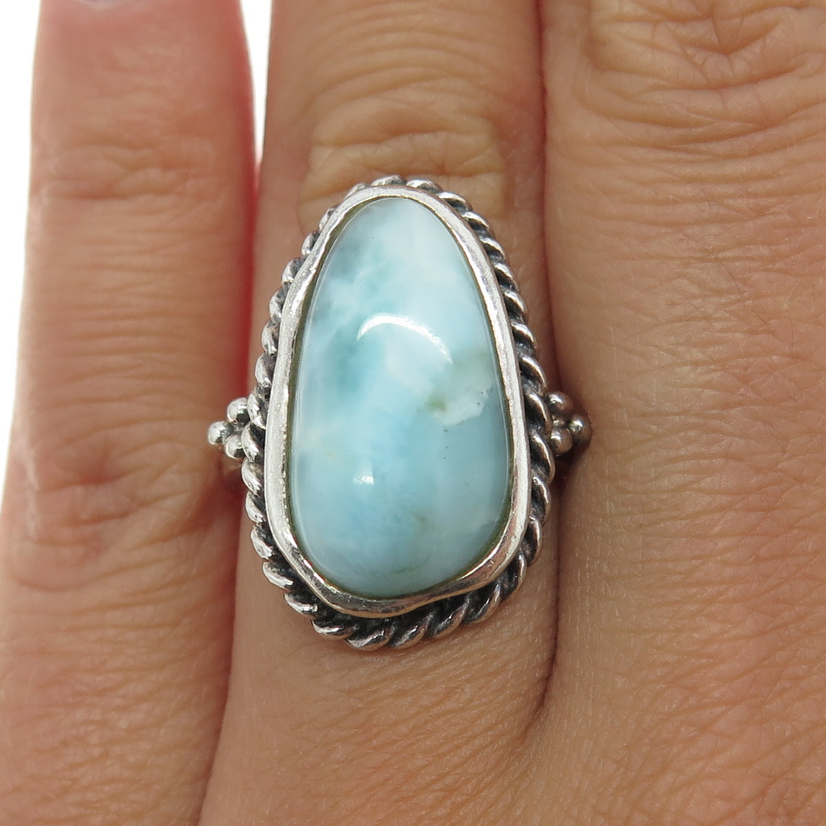 925 Sterling Silver Vintage Real Larimar Gemstone Statement Ring Size 6.25