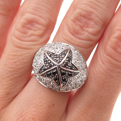 925 Sterling Silver Real Black Spinel & C Z Floral Dome Ring Size 6.75