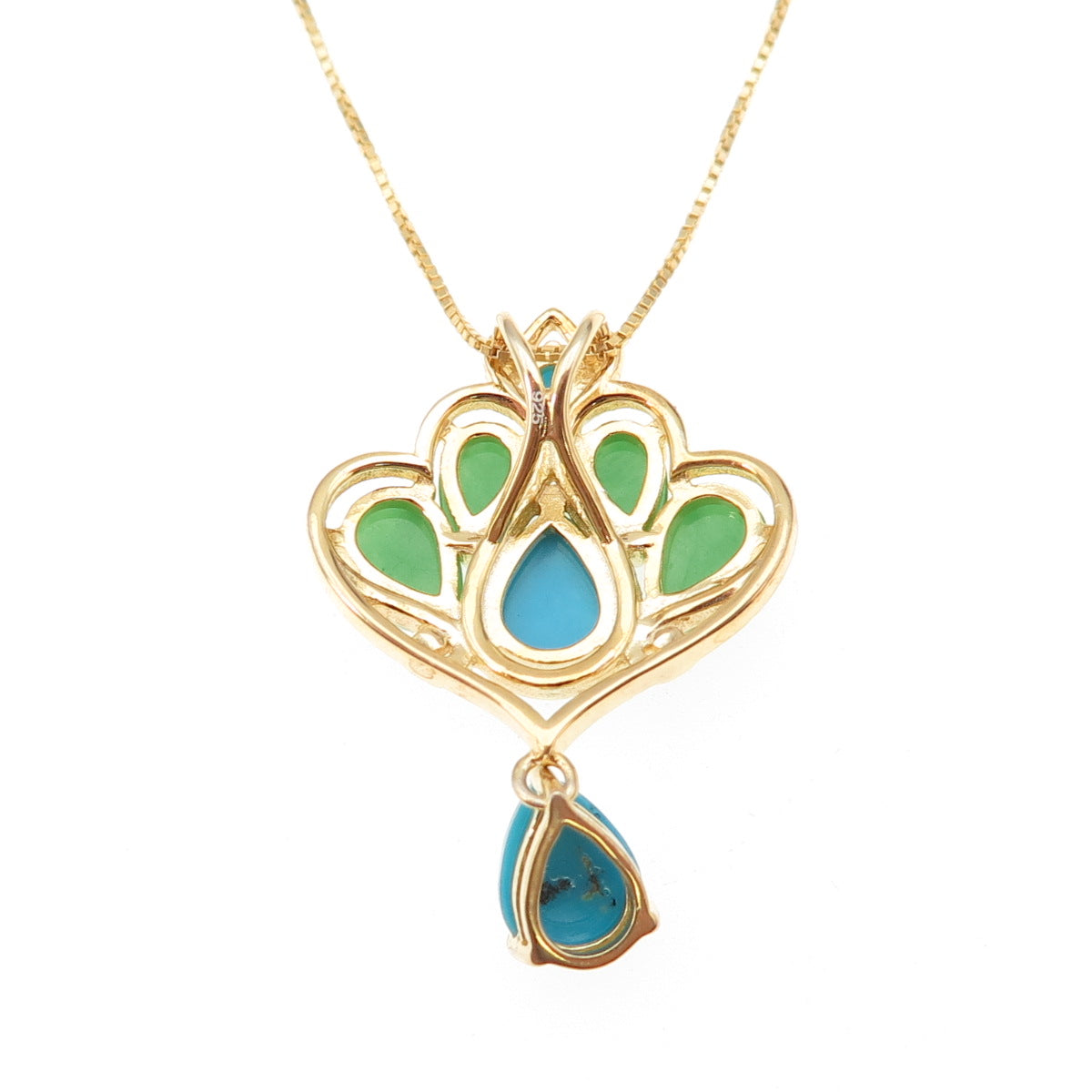925 Sterling Silver Gold Plated Real Turquoise & Jade Box Chain Necklace 18"