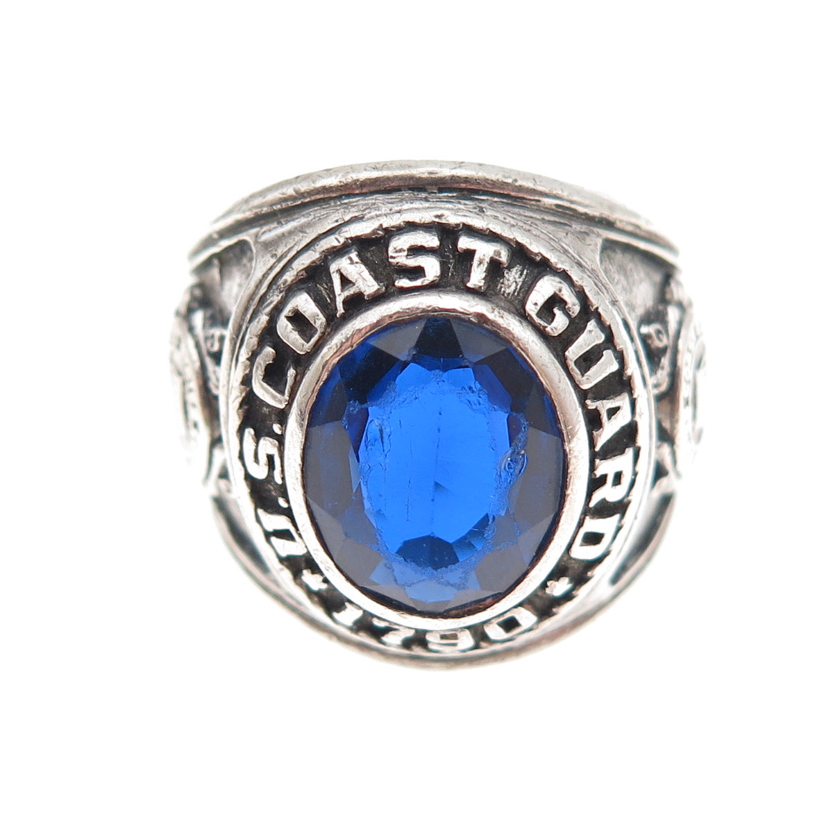 Crest Craft Sterling Vintage Lab-Created Sapphire US Coast Guard Ring Size 7.5