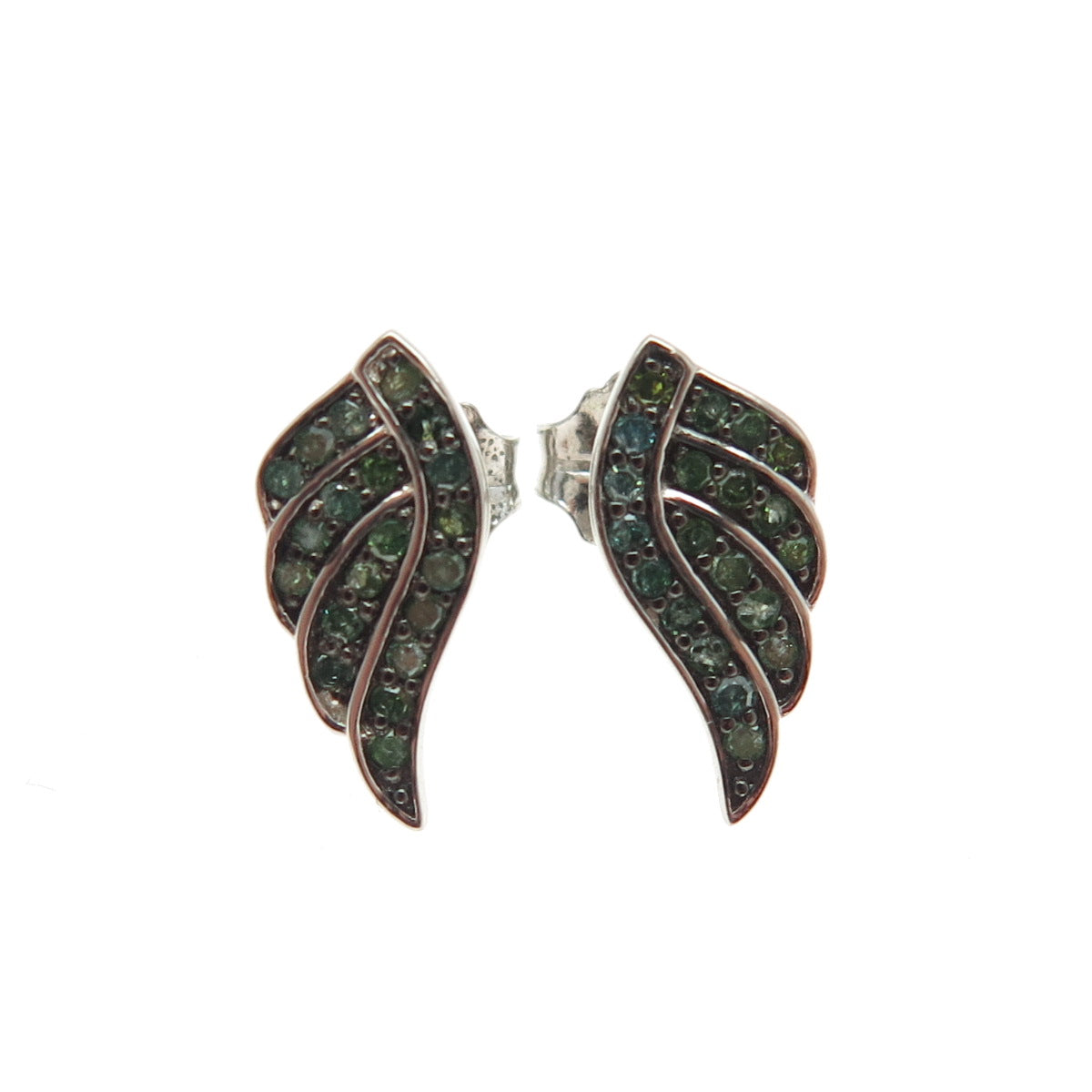 925 Sterling Silver Real Round-Cut Blue & Green Diamond Angel Wing Earrings