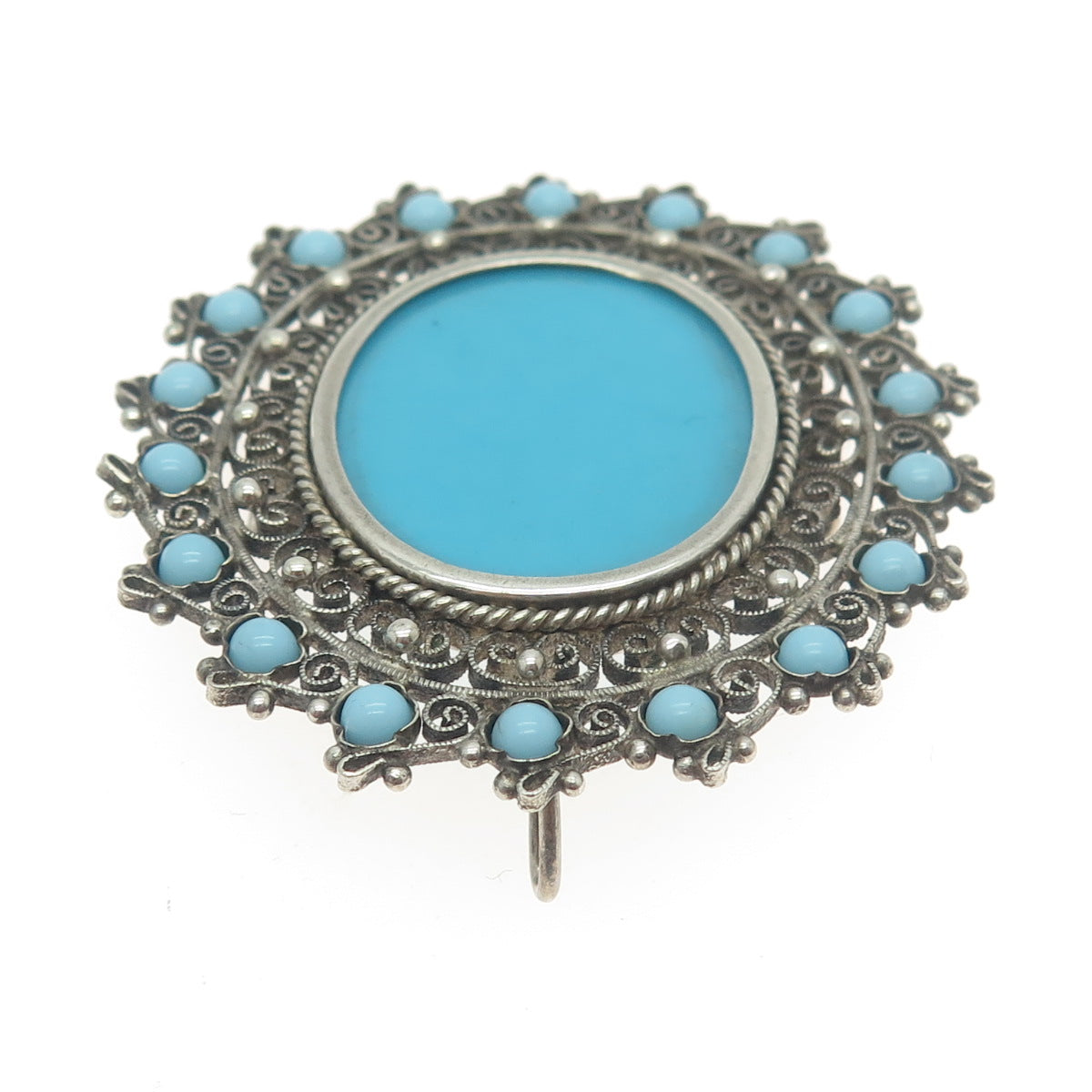 800 Silver Vintage Faux Turquoise Filigree Pin Brooch / Pendant