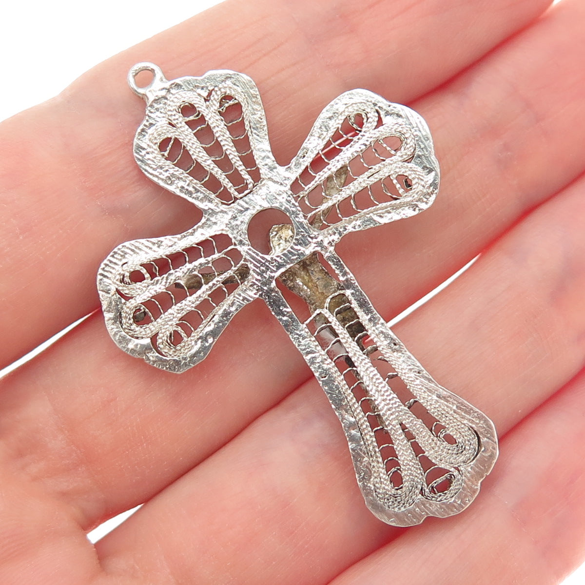 925 Sterling Silver Antique Art Deco Crucifix Cross Filigree Religious Pendant