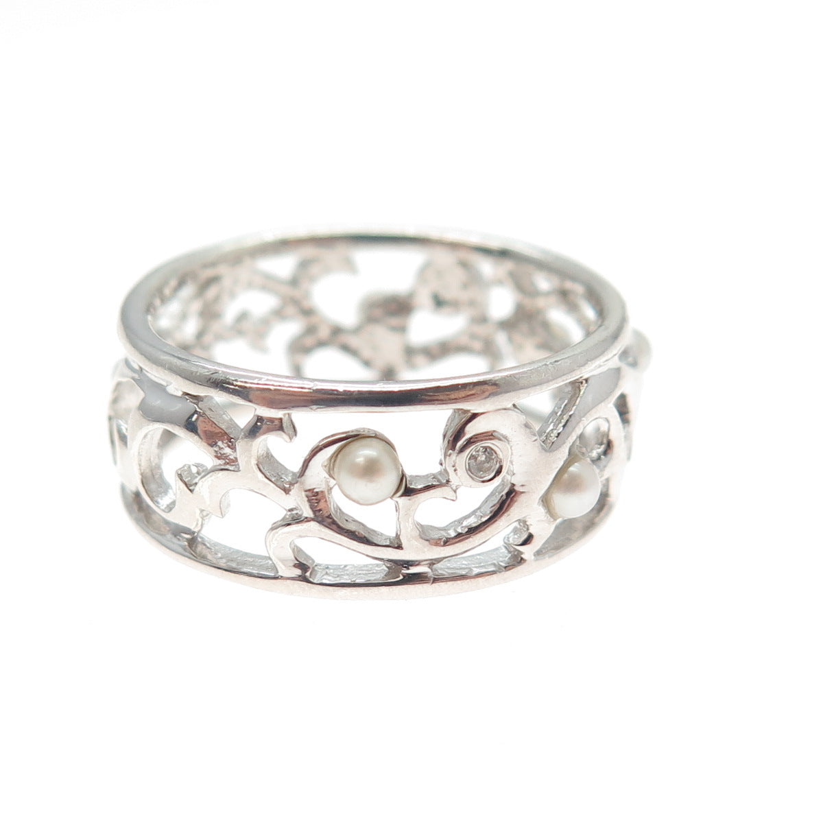 LENOX 925 Sterling Silver Real Diamond & Pearl Floral Scroll Band Ring Size 9.25