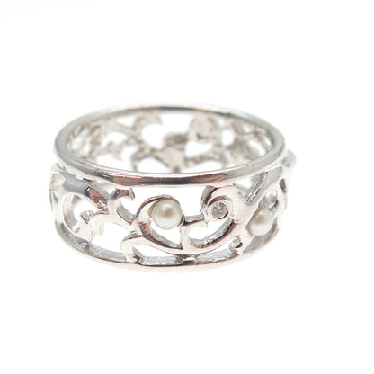 LENOX 925 Sterling Silver Real Diamond & Pearl Floral Scroll Band Ring Size 9.25