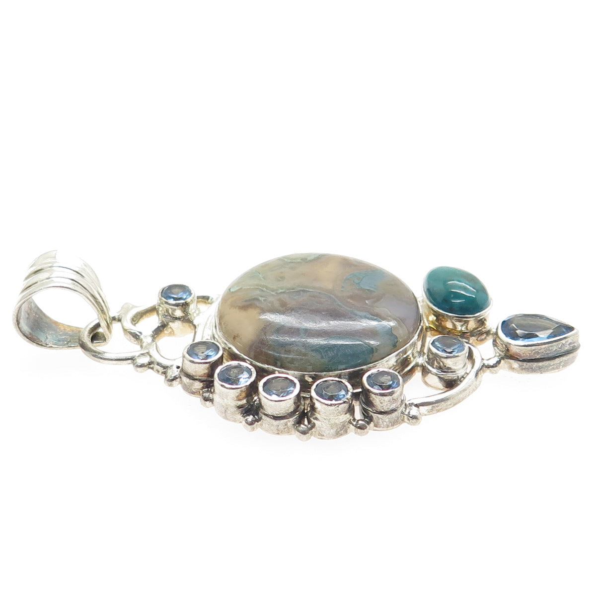 925 Sterling Silver Vintage Real Agate Turquoise & Aquamarine Modernist Pendant