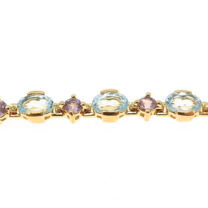 925 Sterling Silver Gold Plated Real Amethyst & Blue Topaz Bracelet 7.25"