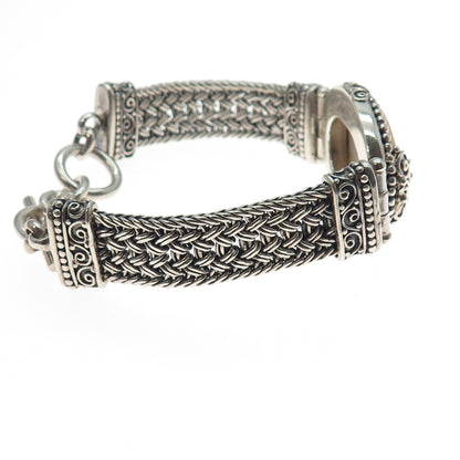 SUARTI BALI 925 Sterling Vintage Real MOP Ornate Heart Woven Link Bracelet 7.25"