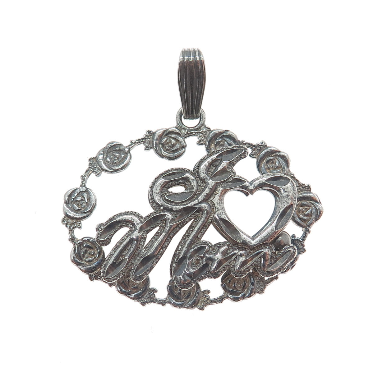 REMINI 925 Sterling Silver Vintage I Love Mom Rose Flower Oxidized Pendant