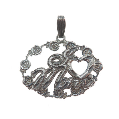 REMINI 925 Sterling Silver Vintage I Love Mom Rose Flower Oxidized Pendant